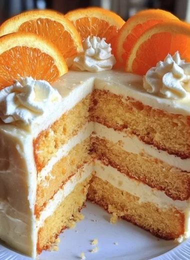 Delicious slice of Orange Creamsicle Cake topped with creamy frosting and orange zest