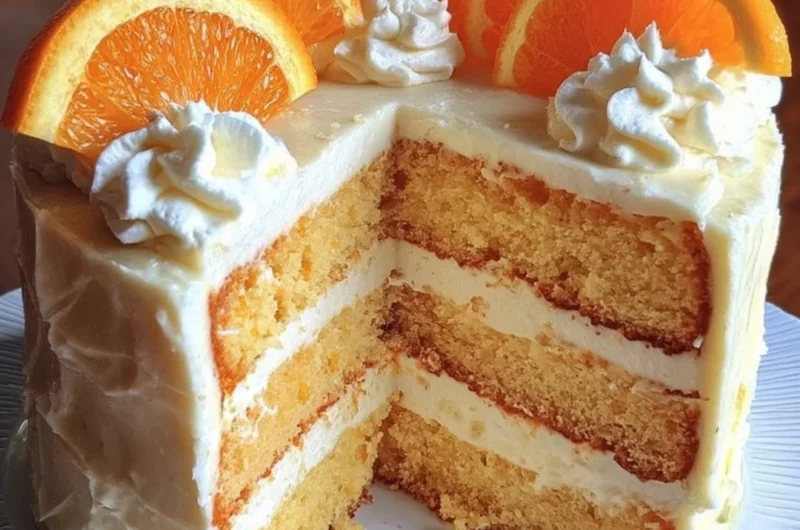 Delicious slice of Orange Creamsicle Cake topped with creamy frosting and orange zest