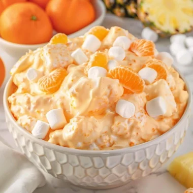 Bowl of refreshing Orange Fluff Salad with whipped cream and orange slices
