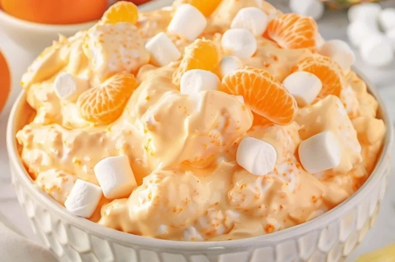 Bowl of refreshing Orange Fluff Salad with whipped cream and orange slices