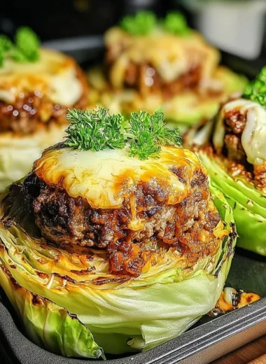 Oven-baked cabbage burgers served with fresh vegetables and condiments