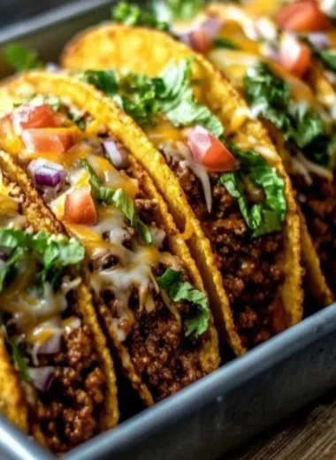 Crispy oven-baked cheesy tacos loaded with toppings and cheese