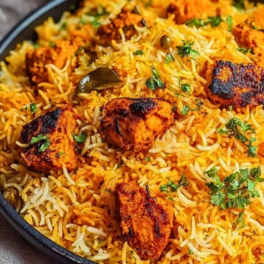 A bowl of rich Butter Chicken Biryani garnished with fresh herbs and spices.