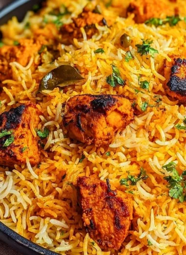A bowl of rich Butter Chicken Biryani garnished with fresh herbs and spices.