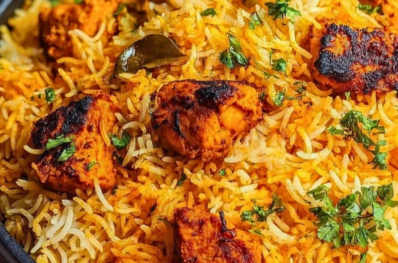 A bowl of rich Butter Chicken Biryani garnished with fresh herbs and spices.
