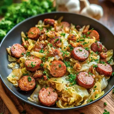 Delicious Sausage and Cabbage Stir Fry served in a skillet with vibrant veggies.