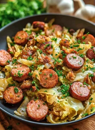 Delicious Sausage and Cabbage Stir Fry served in a skillet with vibrant veggies.