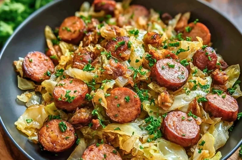 Delicious Sausage and Cabbage Stir Fry served in a skillet with vibrant veggies.