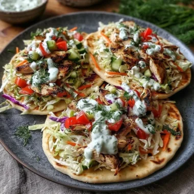 Sheet pan chicken pitas with fresh herb ranch slaw served on a plate