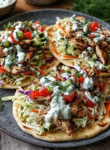 Sheet pan chicken pitas with fresh herb ranch slaw served on a plate