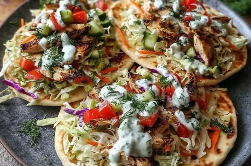 Sheet pan chicken pitas with fresh herb ranch slaw served on a plate