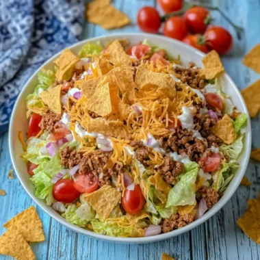 Colorful and delicious Simple Doritos Taco Salad served in a bowl