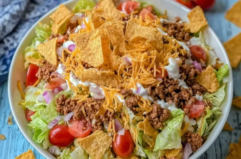 Colorful and delicious Simple Doritos Taco Salad served in a bowl