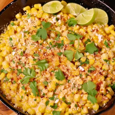 Skillet Mexican Street Corn garnished with cheese and cilantro