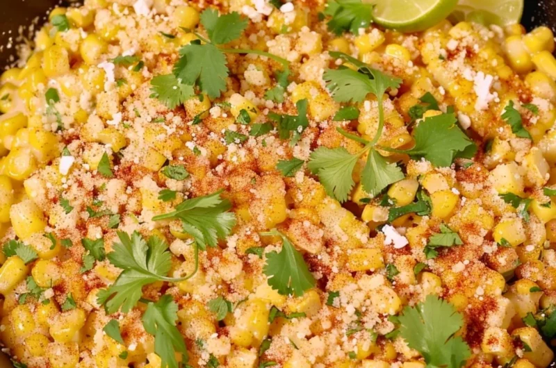 Skillet Mexican Street Corn garnished with cheese and cilantro