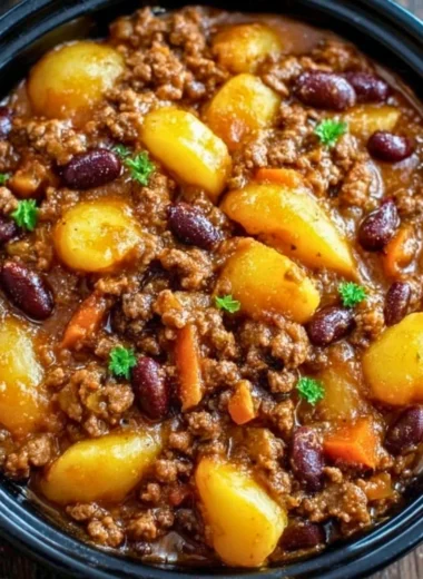 Delicious Slow Cooker Cowboy Casserole served with cheese and toppings