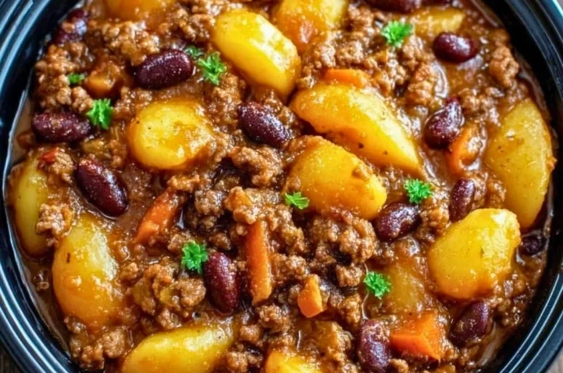 Delicious Slow Cooker Cowboy Casserole served with cheese and toppings