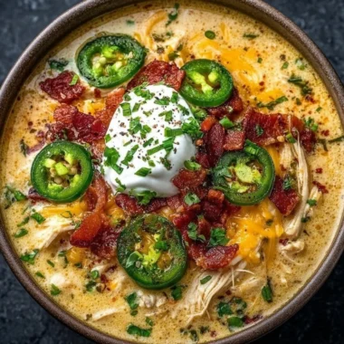 Bowl of spicy jalapeno popper chicken soup garnished with cheese and jalapenos