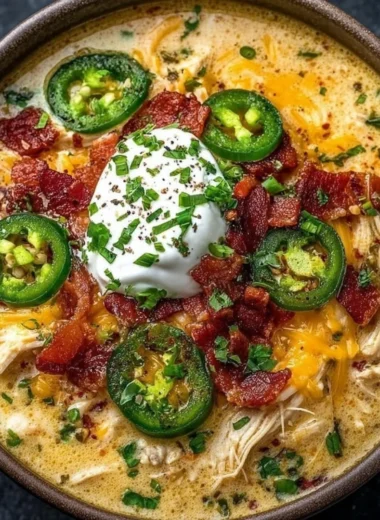 Bowl of spicy jalapeno popper chicken soup garnished with cheese and jalapenos