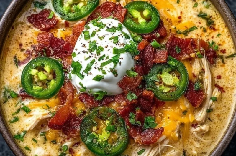 Bowl of spicy jalapeno popper chicken soup garnished with cheese and jalapenos