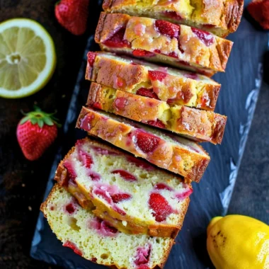 Delicious slice of strawberry lemonade quick bread topped with fresh berries