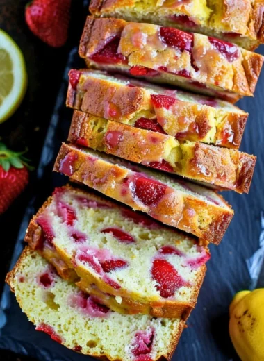 Delicious slice of strawberry lemonade quick bread topped with fresh berries