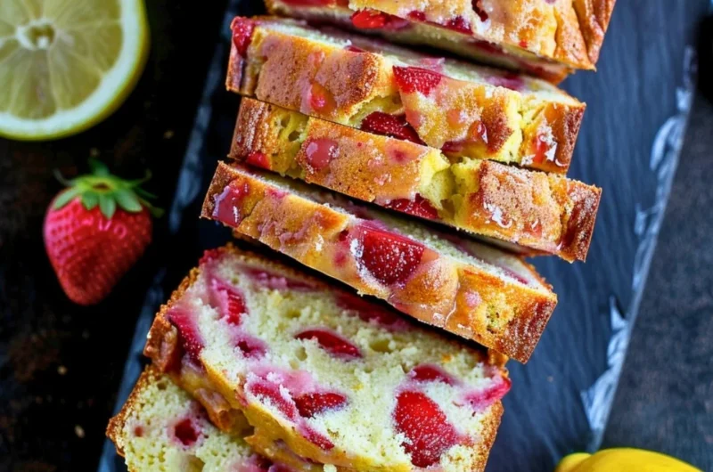 Delicious slice of strawberry lemonade quick bread topped with fresh berries