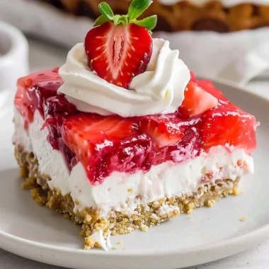 Delicious Strawberry Pretzel Salad with creamy layers and a crunchy pretzel crust