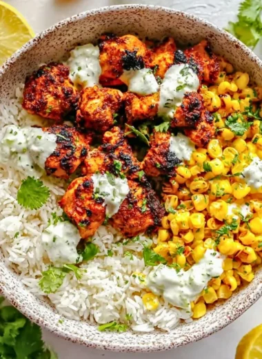 Delicious Street Corn Chicken Rice Bowl with grilled chicken and fresh vegetables