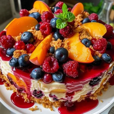 Delicious slice of Berry Peach Cheesecake topped with fresh summer fruits