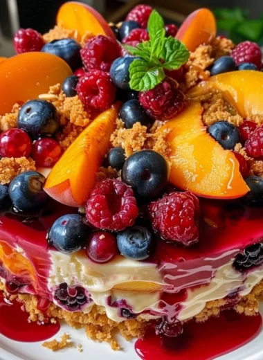Delicious slice of Berry Peach Cheesecake topped with fresh summer fruits