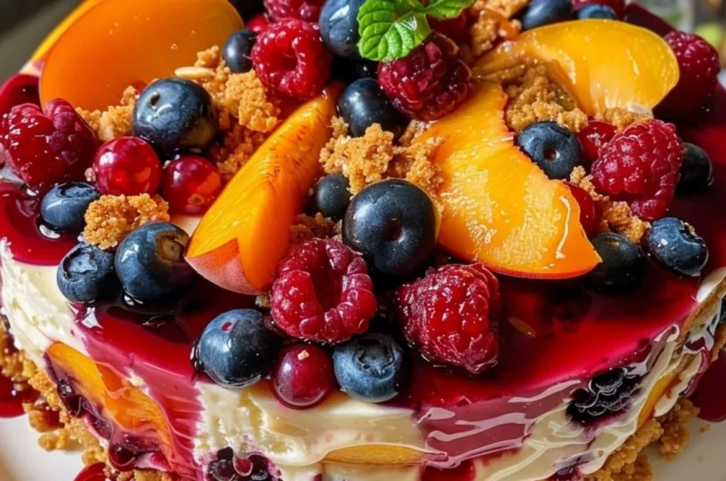 Delicious slice of Berry Peach Cheesecake topped with fresh summer fruits