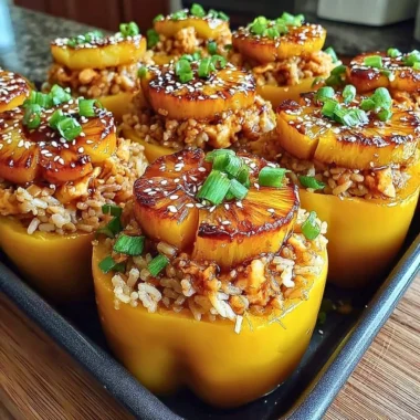 Teriyaki pineapple chicken and rice stuffed peppers ready to serve.