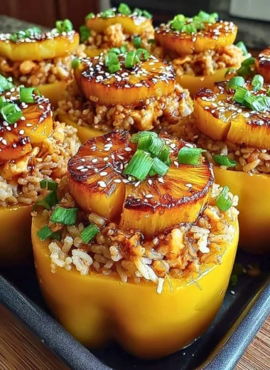 Teriyaki pineapple chicken and rice stuffed peppers ready to serve.