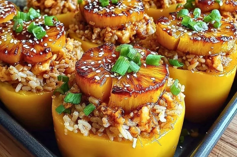 Teriyaki pineapple chicken and rice stuffed peppers ready to serve.