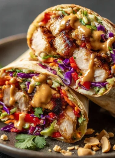 Thai Chicken Wrap with Crunchy Asian Slaw on a plate