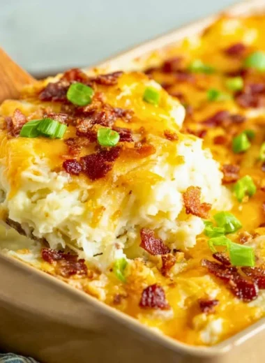 Delicious twice baked potato casserole from The Pioneer Woman, topped with cheese and green onions.