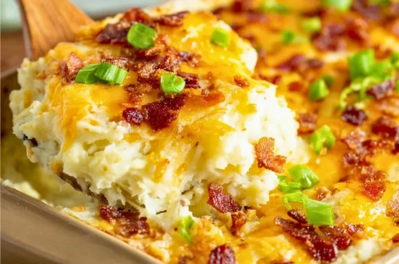 Delicious twice baked potato casserole from The Pioneer Woman, topped with cheese and green onions.