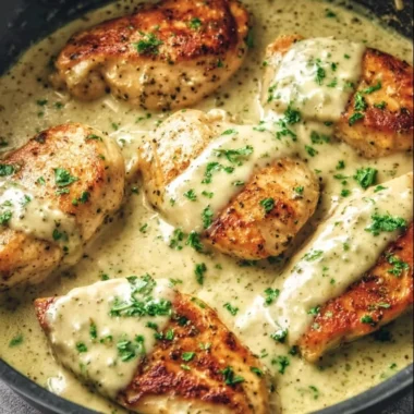 Creamy Crock Pot Ranch Chicken served on a plate with herbs and vegetables.