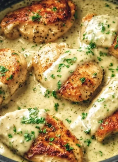 Creamy Crock Pot Ranch Chicken served on a plate with herbs and vegetables.