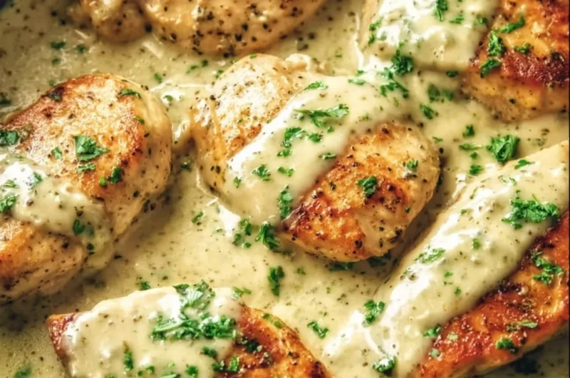 Creamy Crock Pot Ranch Chicken served on a plate with herbs and vegetables.