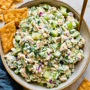 Delicious Tzatziki Chicken Salad with fresh ingredients in a bowl