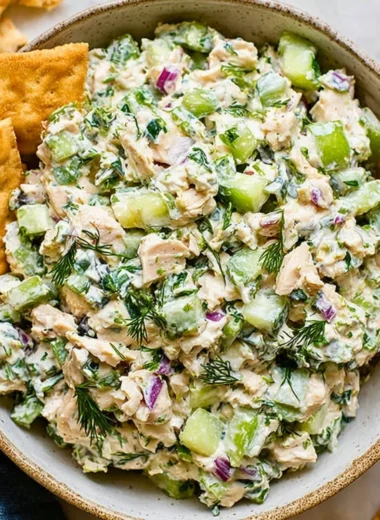 Delicious Tzatziki Chicken Salad with fresh ingredients in a bowl