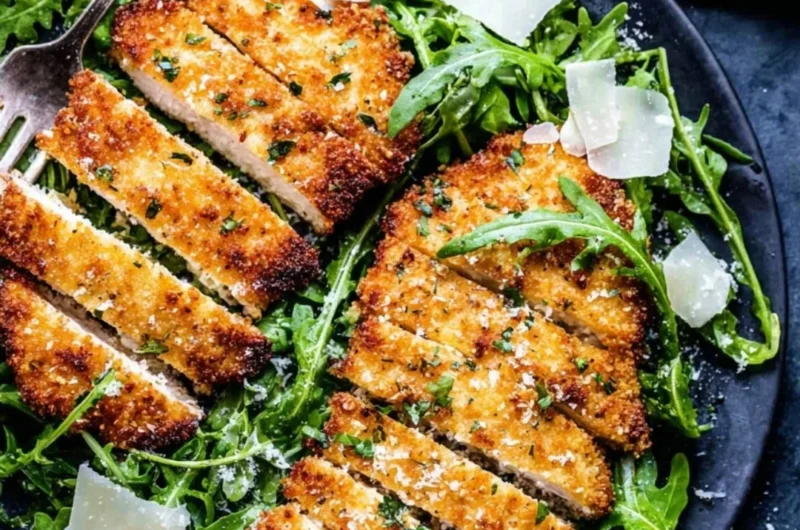 Crispy air-fryer breaded chicken breast served on a plate