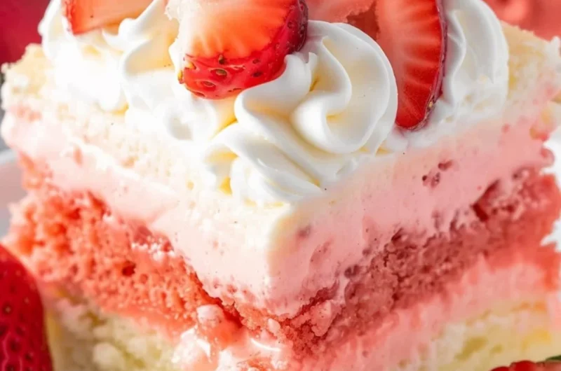 Close-up of a slice of strawberry cheesecake poke cake on a plate