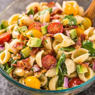 Avocado BLT Pasta Salad with fresh ingredients and vibrant colors