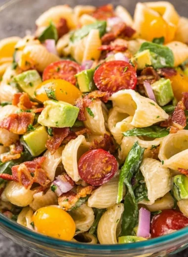 Avocado BLT Pasta Salad with fresh ingredients and vibrant colors