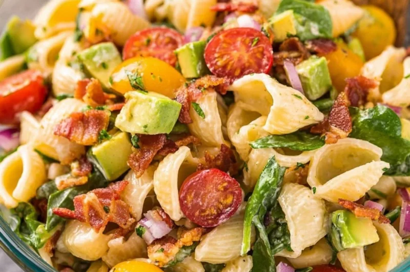 Avocado BLT Pasta Salad with fresh ingredients and vibrant colors