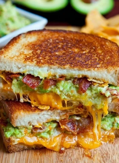 Delicious Bacon Guacamole Grilled Cheese Sandwich with crispy bacon and creamy guac