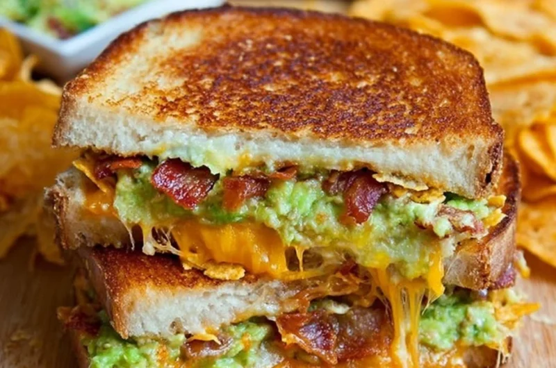 Delicious Bacon Guacamole Grilled Cheese Sandwich with crispy bacon and creamy guac